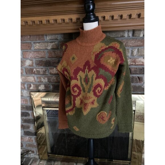 SK & Company Ladies Mohair Fall Sweater Green & Orange Size Small Oversized - Picture 2 of 6